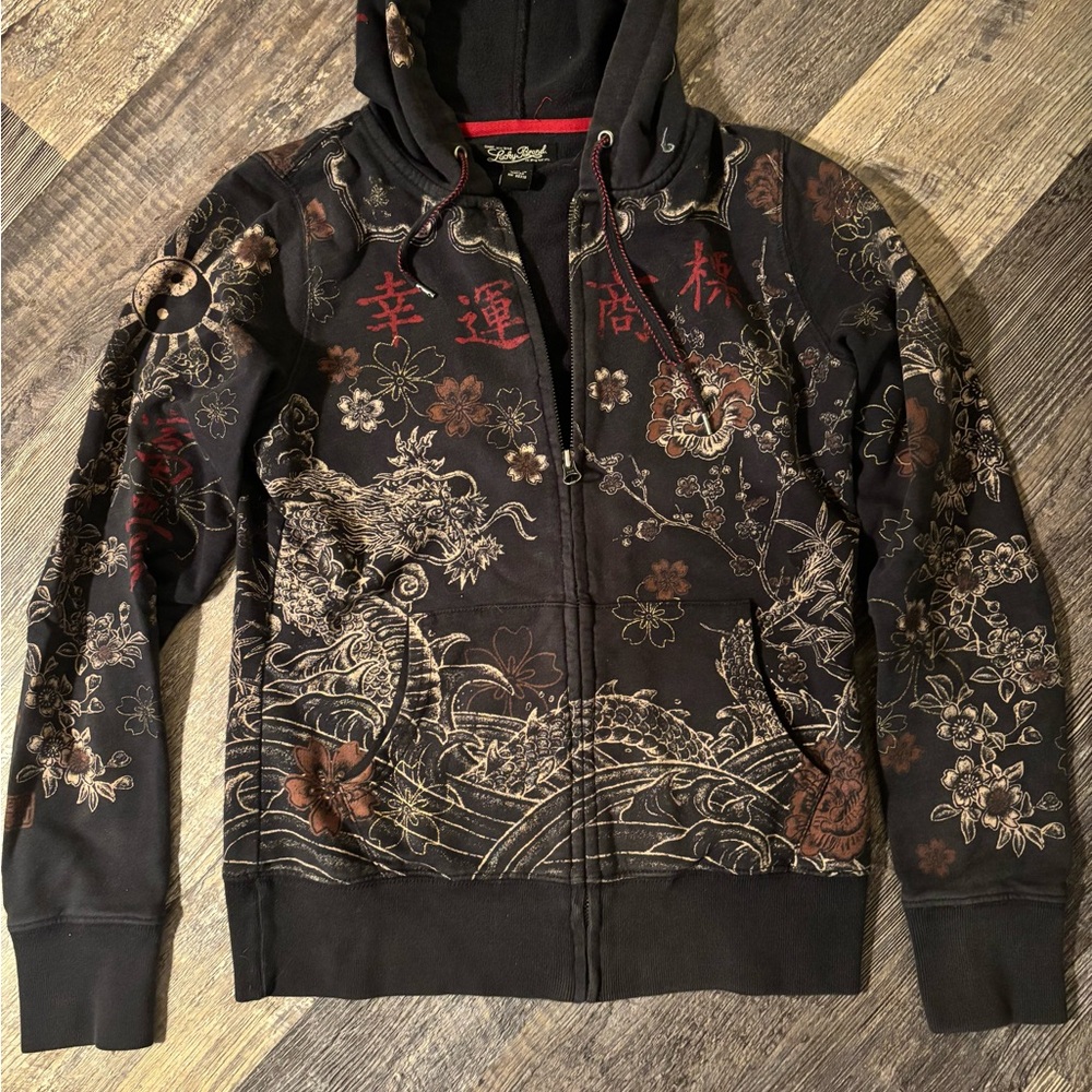 Vintage Lucky Brand Zip Up Hoodie with Dragon Design